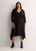 Black Fit and Flare V-Neck Shirred Knit Midi Dress - Addition Elle