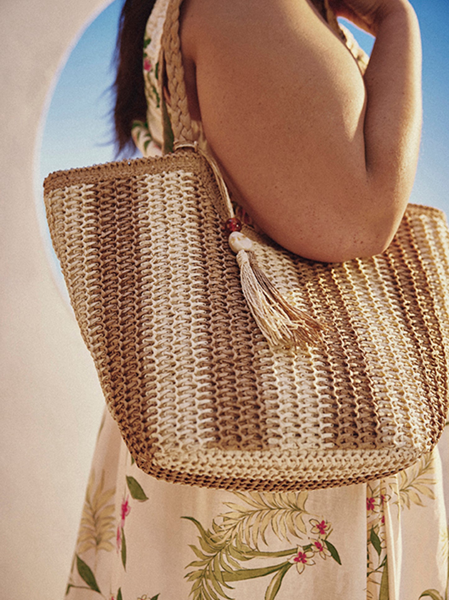 Straw Tote Bag with Beads