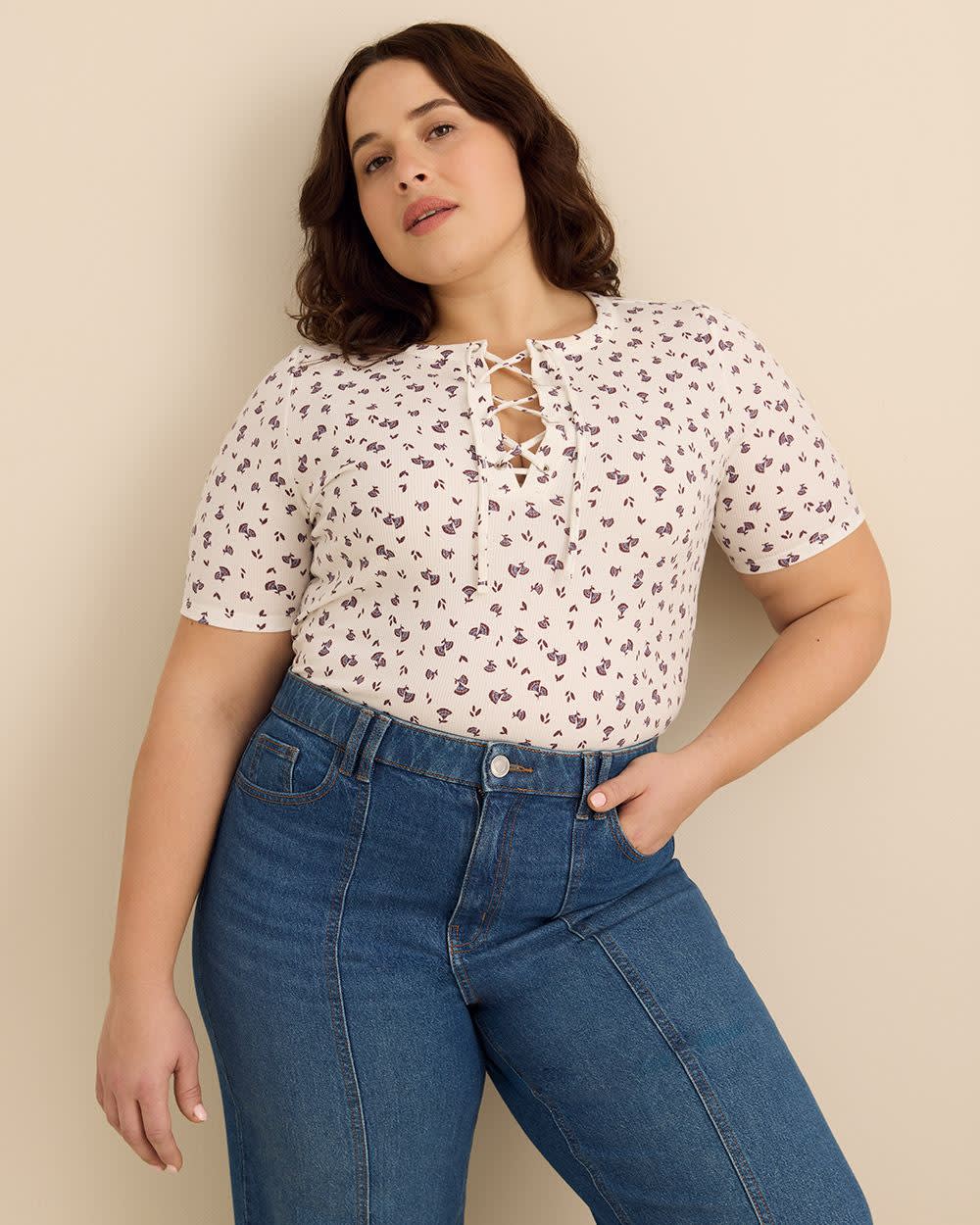 Elbow-Sleeve Top with Lace-Up Front Neckline