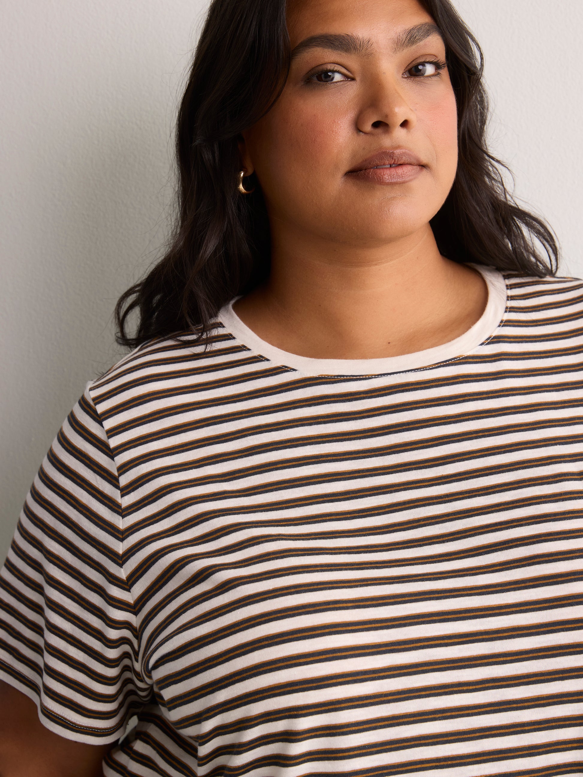 Curvy-Fit White Rugby Striped Short-Sleeve Crew-Neck Tee