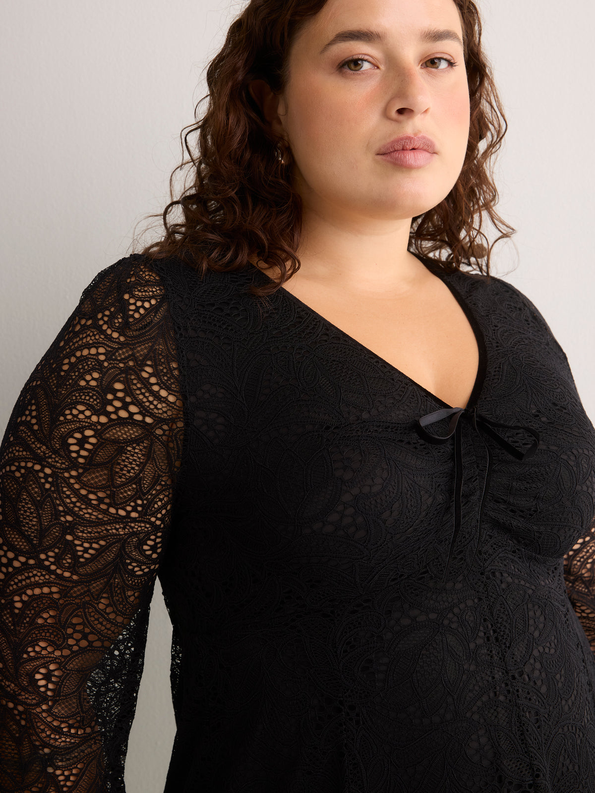 Fit-and-Flare Shirred V-Neck Lace Dress
