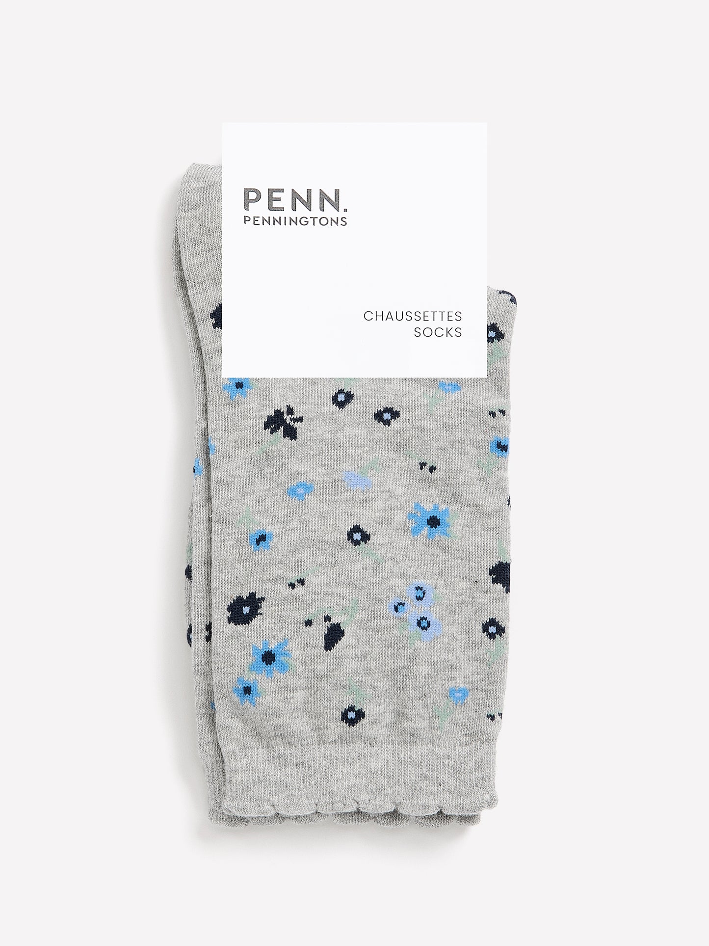 Light Grey Scalloped-Edge Crew Socks with Floral Print