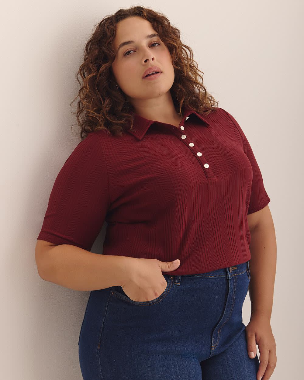 Ribbed Elbow-Sleeve Polo Knit Top