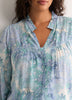 Responsible, Blue Floral A-Line Blouse with Split Ruffled Collar