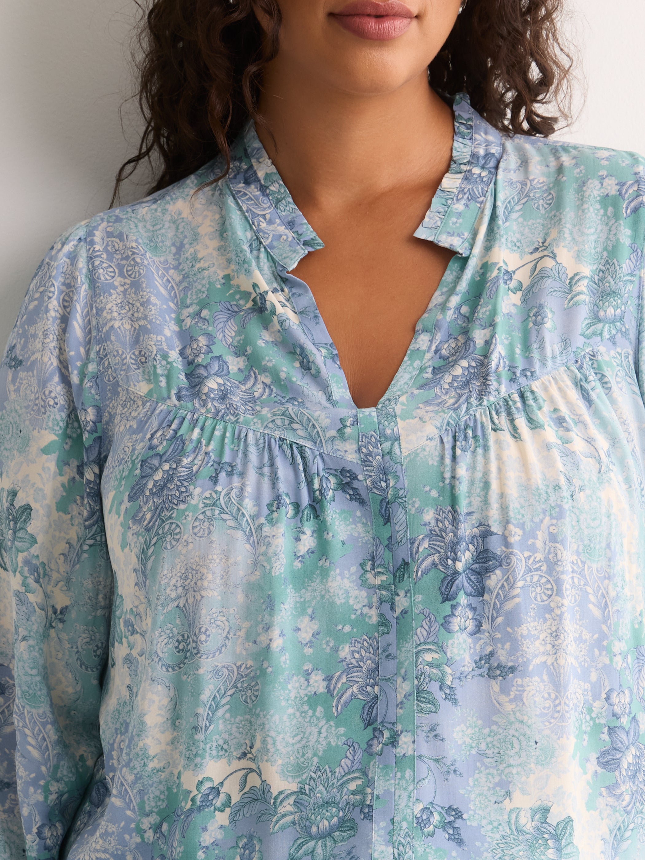 Responsible, Blue Floral A-Line Blouse with Split Ruffled Collar
