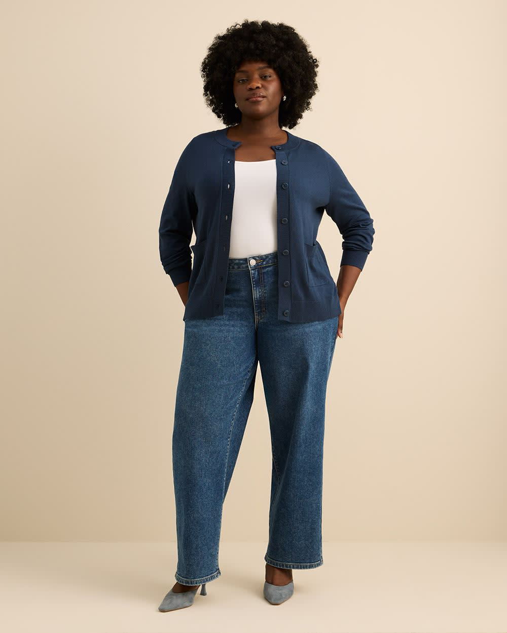 Cardigan boutonné à col rond en mélange de coton, tissu responsable