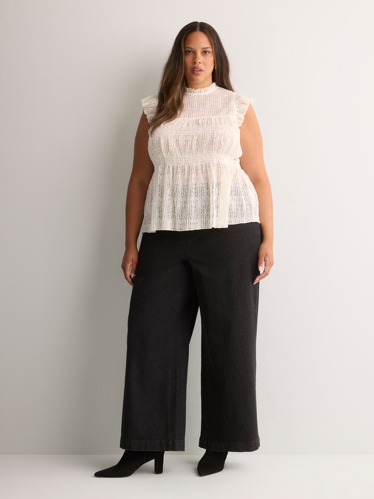 Smocked Lace Swing Top with Short Flutter Sleeves