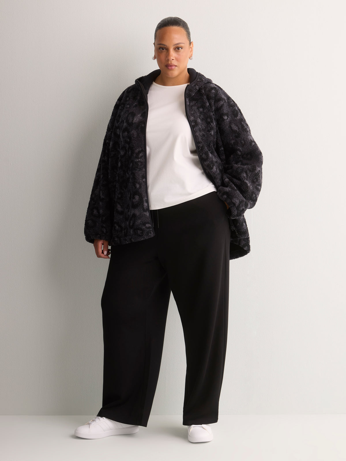 Hooded Printed Sherpa Zippered Jacket - Active Zone