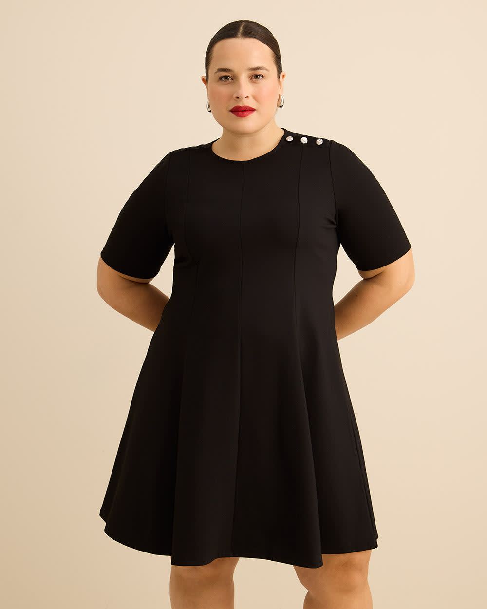 Fit and Flare Elbow-Sleeve Rib Knit Dress