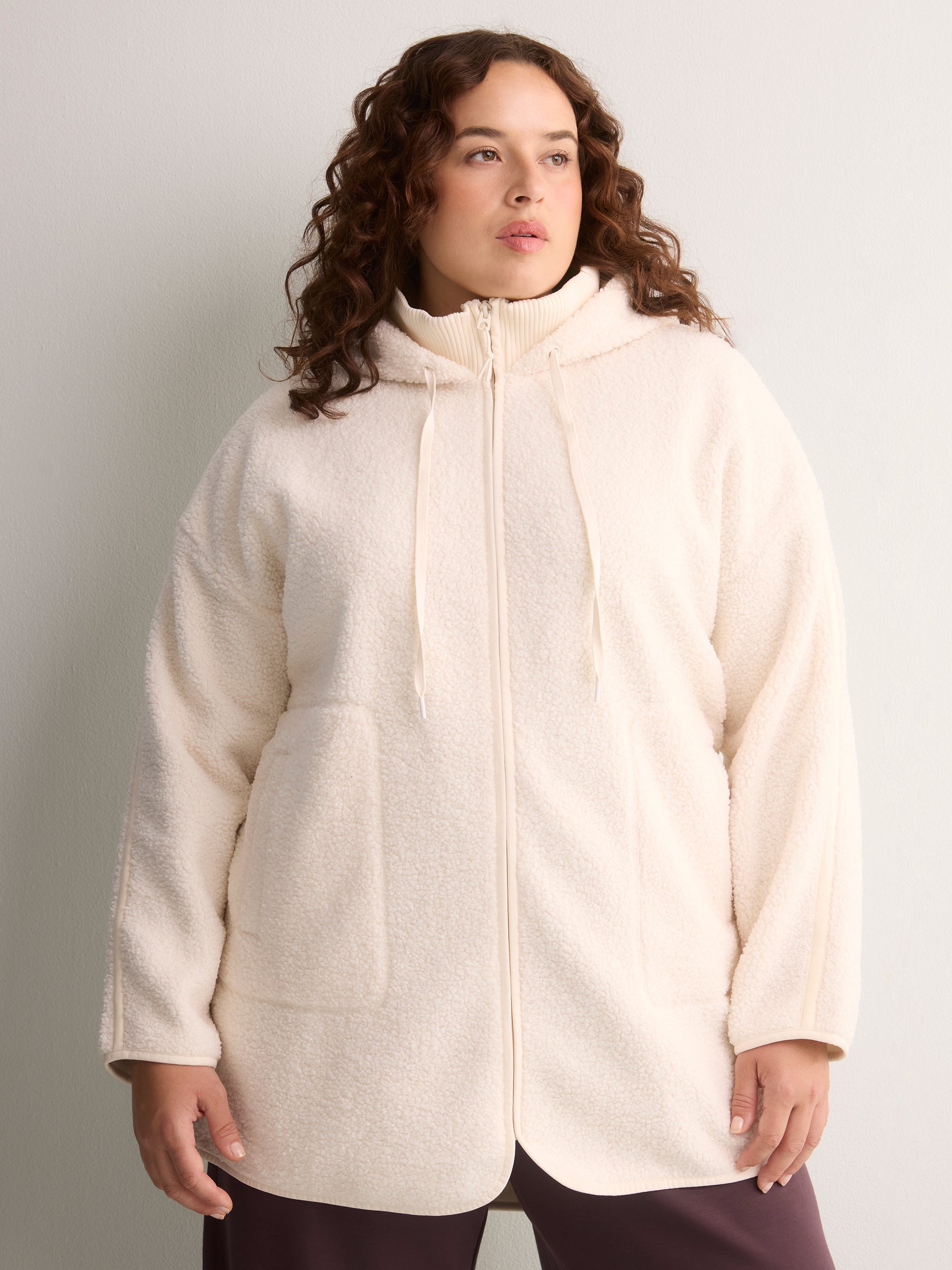 Long Hooded Mock-Neck Sherpa Jacket - Active Zone