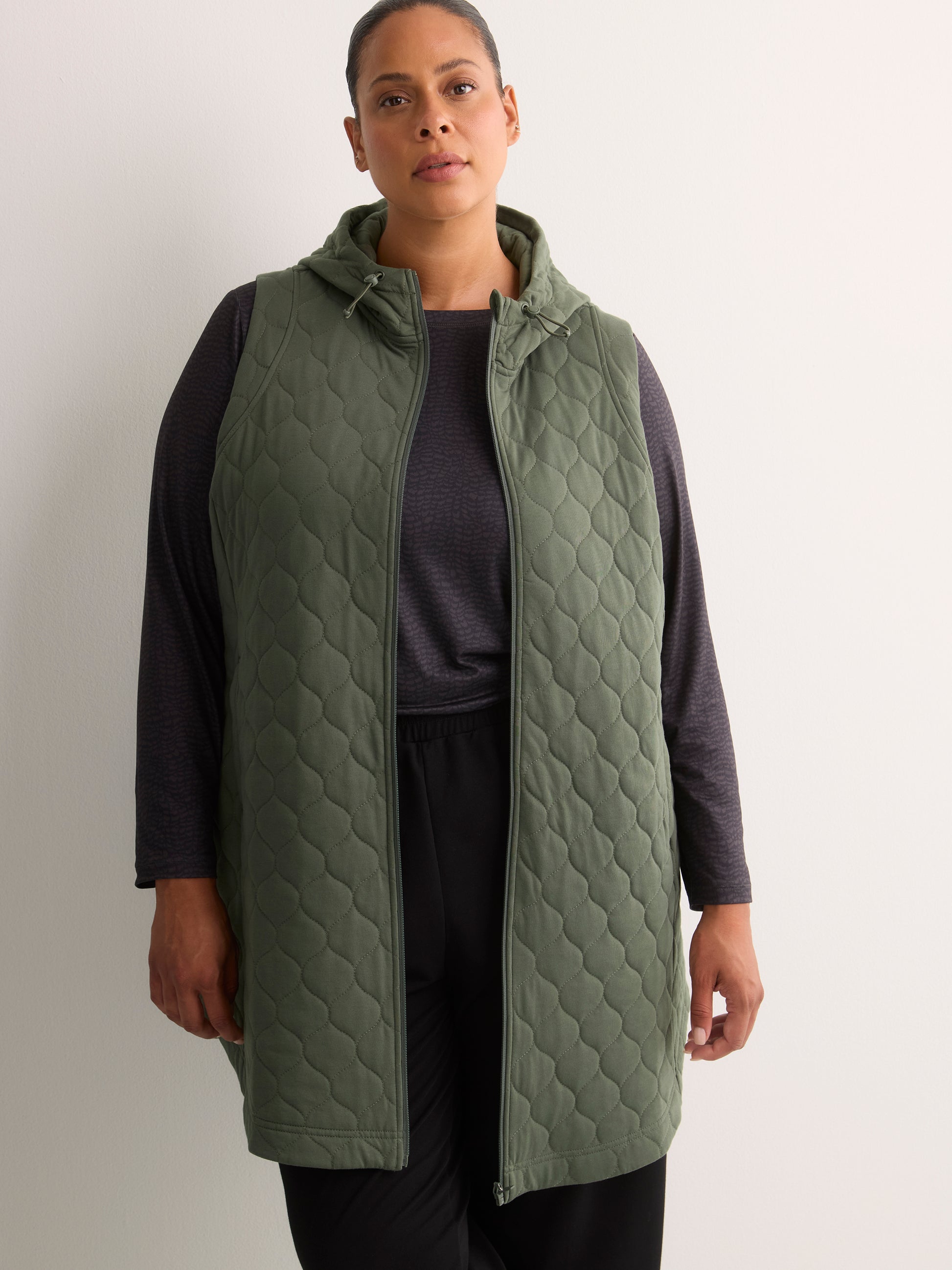 Long Quilted Knit Sleeveless Hooded Vest - Active Zone