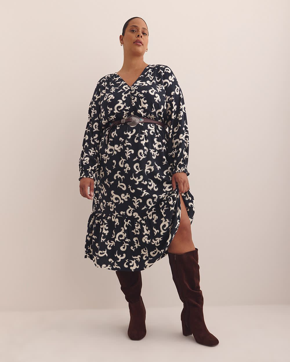 Long-Sleeve Midi Dress with Tiered Skirt