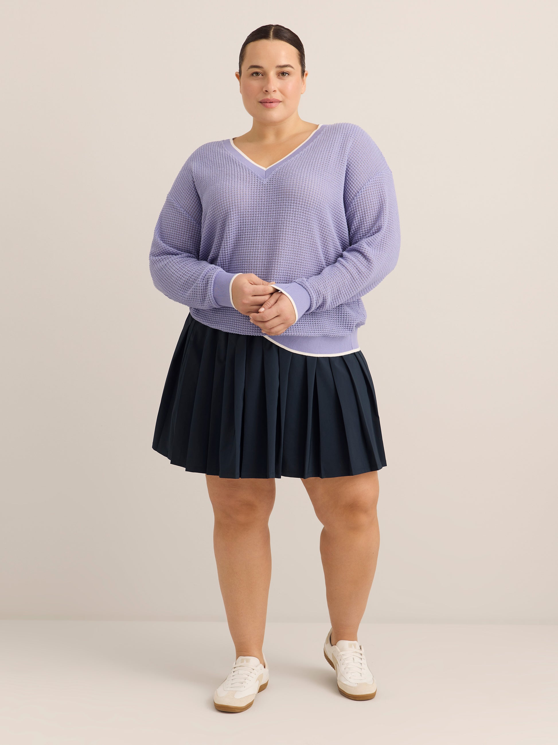 Violet Crochet Waffle Knit V-Neck Pullover - Active Zone