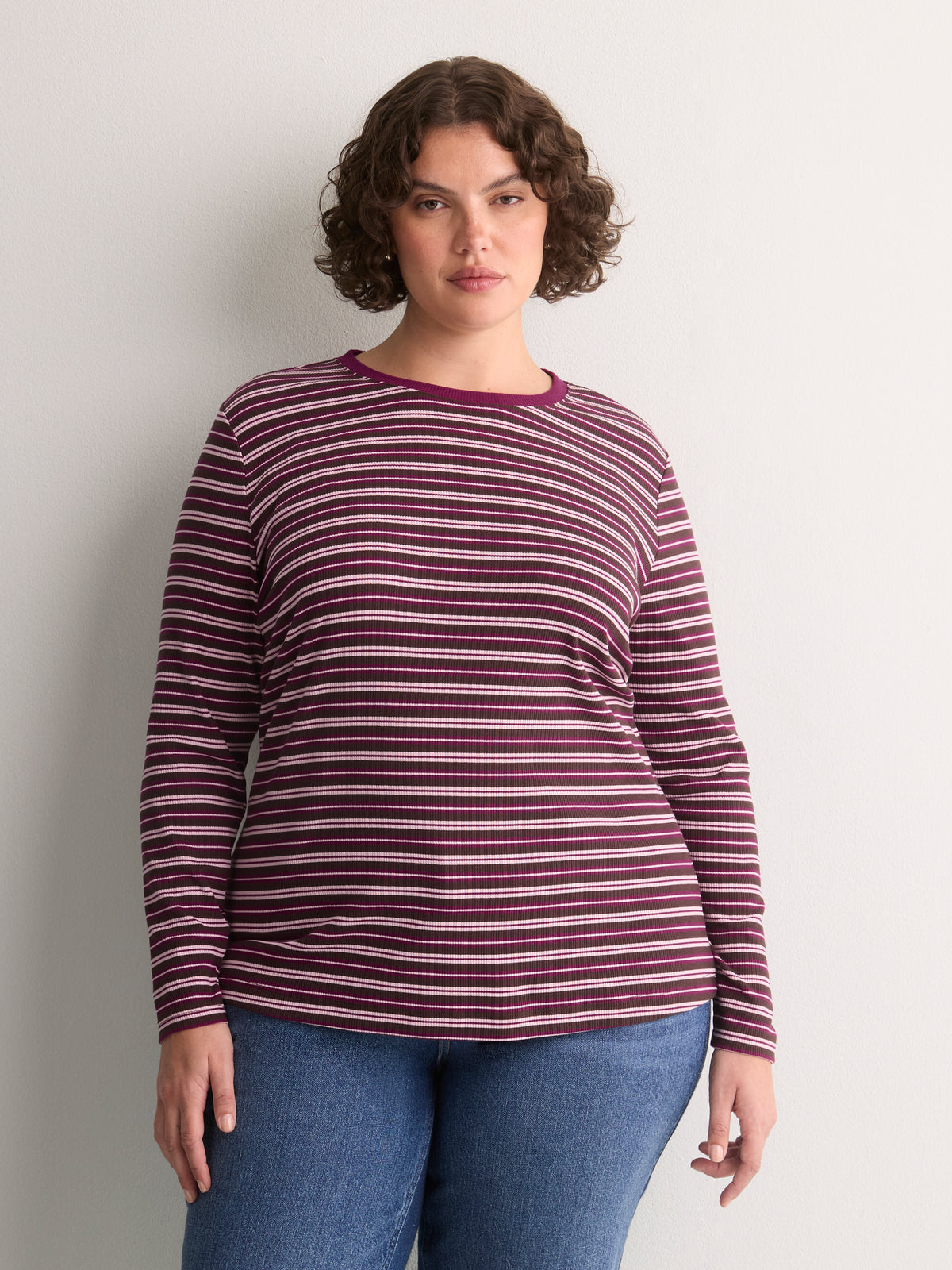 Brown Striped Boyfriend-Fit Long-Sleeve Rib Knit Tee