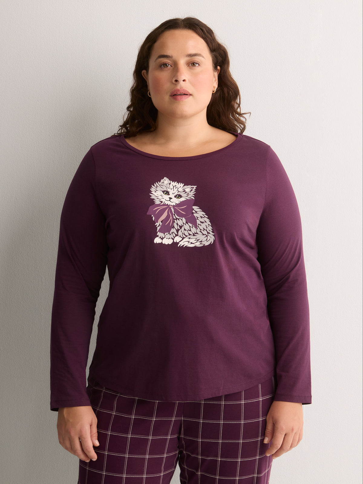 Purple Cat-Print Crew Top and Straight Pant Pyjama Set - tiVOGLIO