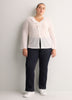 Straight V-Neck Crochet Pointelle Knit Blouse with Trumpet Sleeves