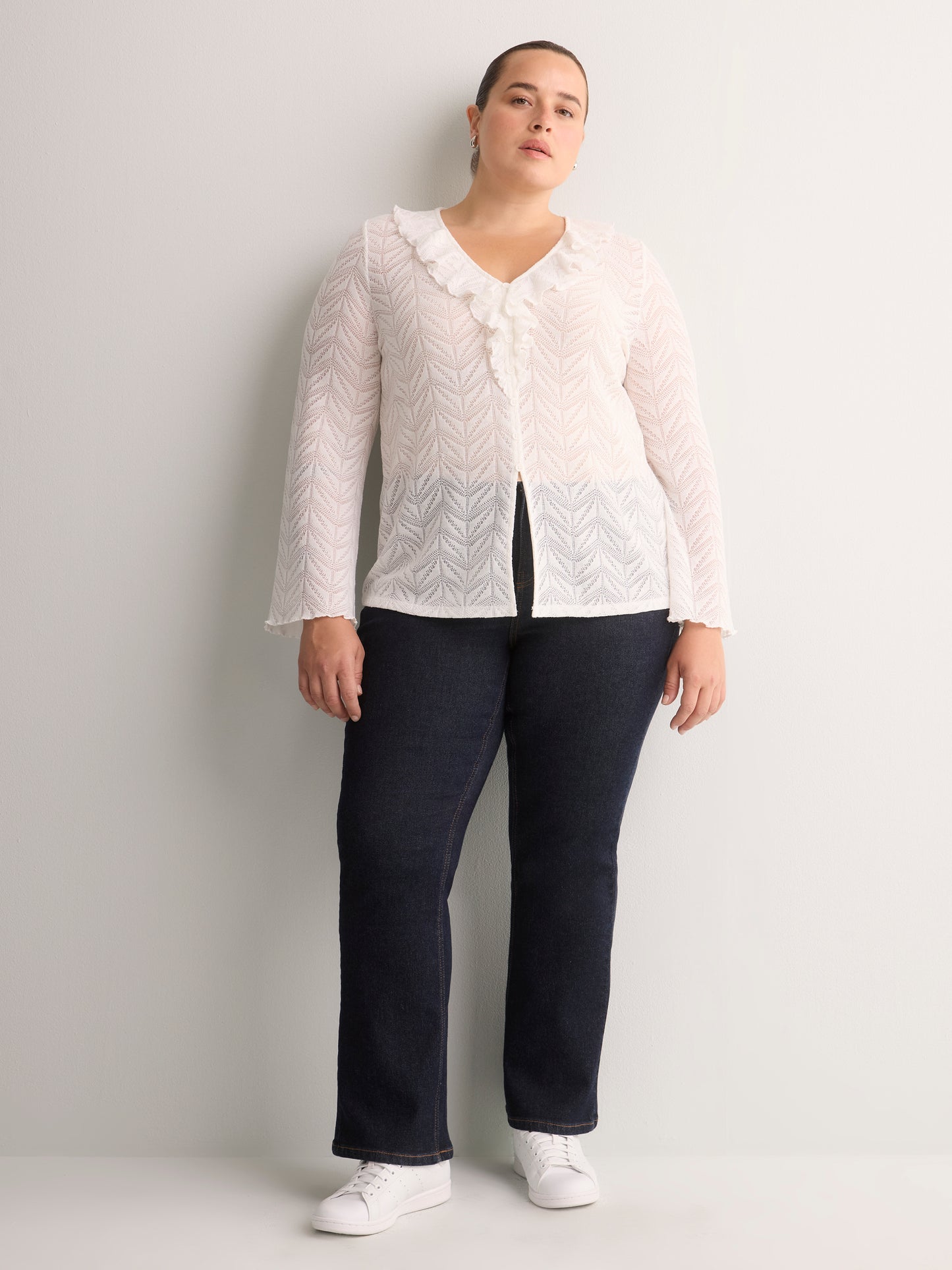 Straight V-Neck Crochet Pointelle Knit Blouse with Trumpet Sleeves