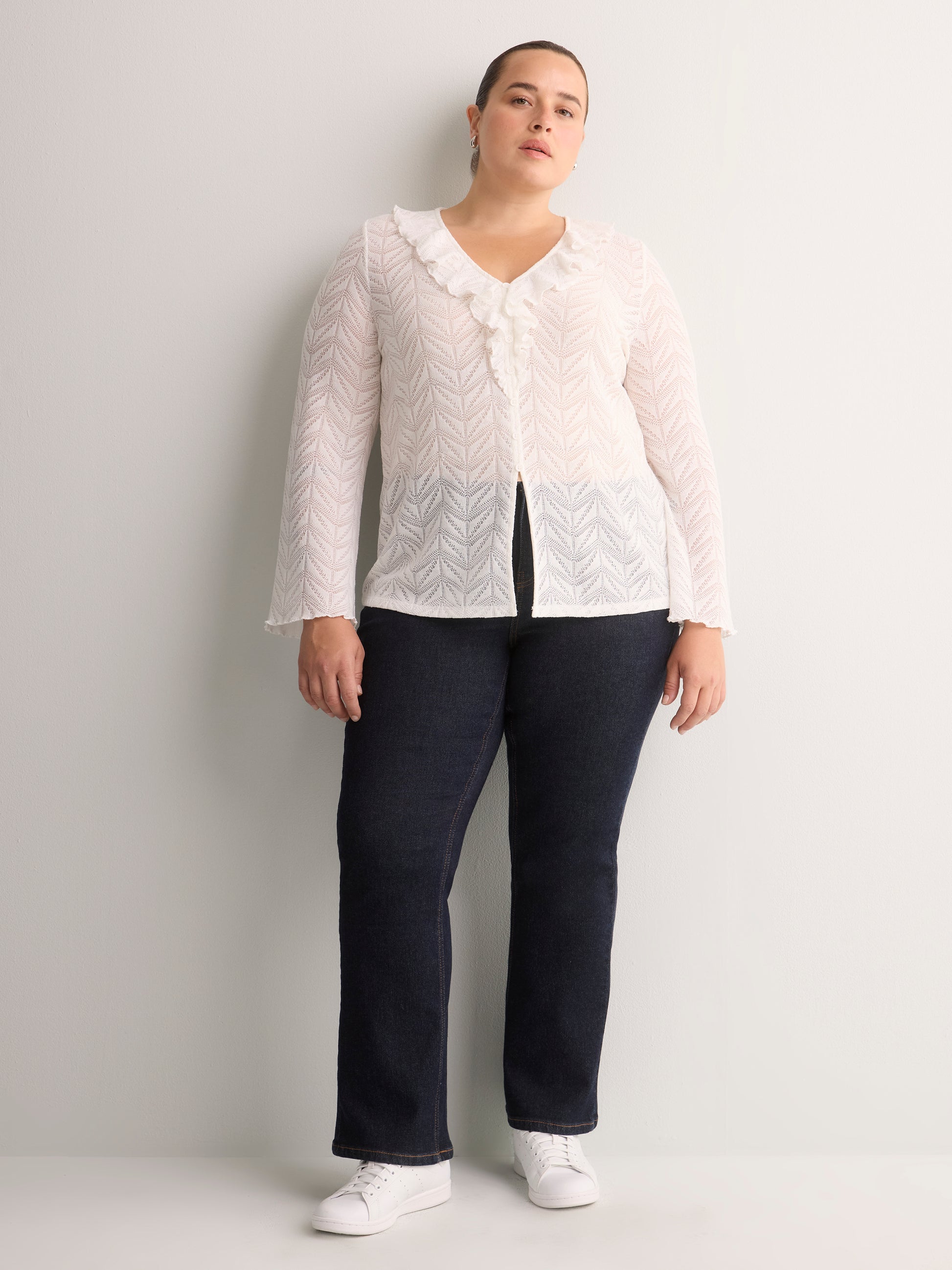 Straight V-Neck Crochet Pointelle Knit Blouse with Trumpet Sleeves