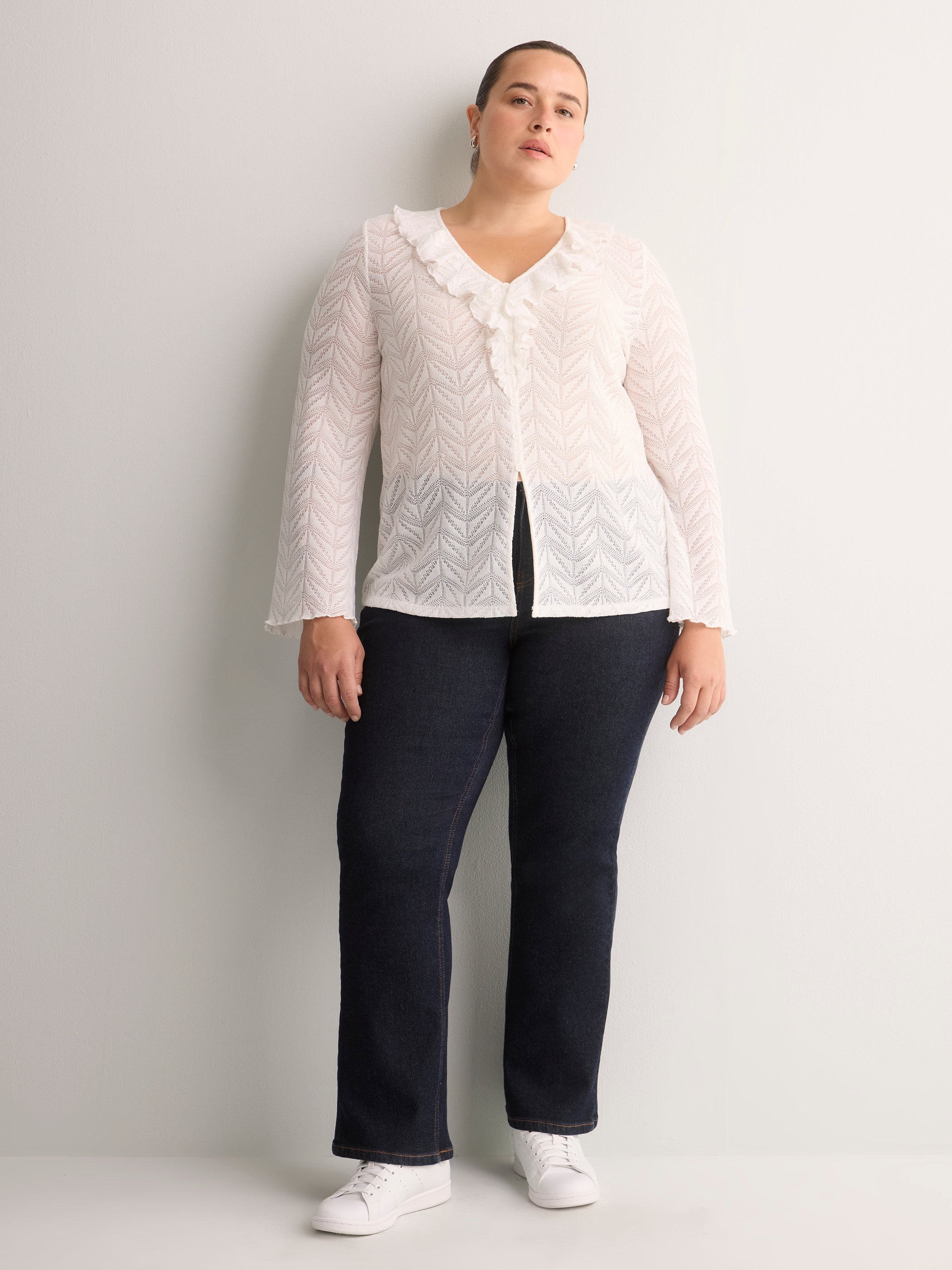 Straight V-Neck Crochet Pointelle Knit Blouse with Trumpet Sleeves