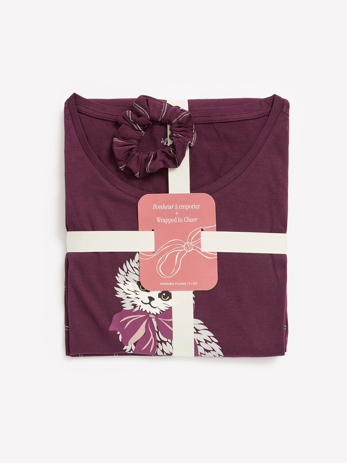 Purple Cat-Print Crew Top and Straight Pant Pyjama Set - tiVOGLIO
