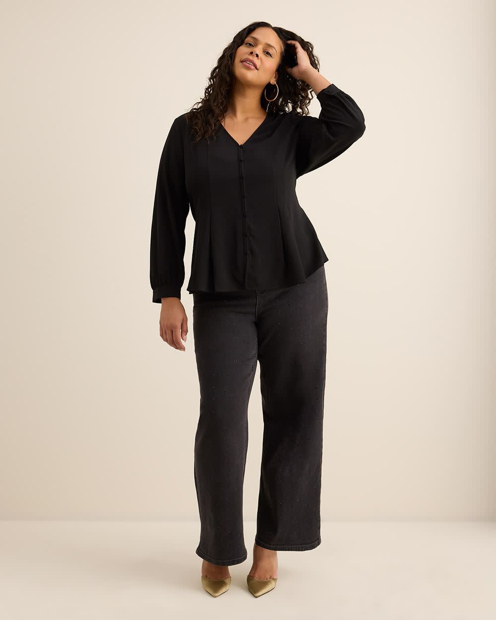 Long-Sleeve Flared Pleated Satin Blouse