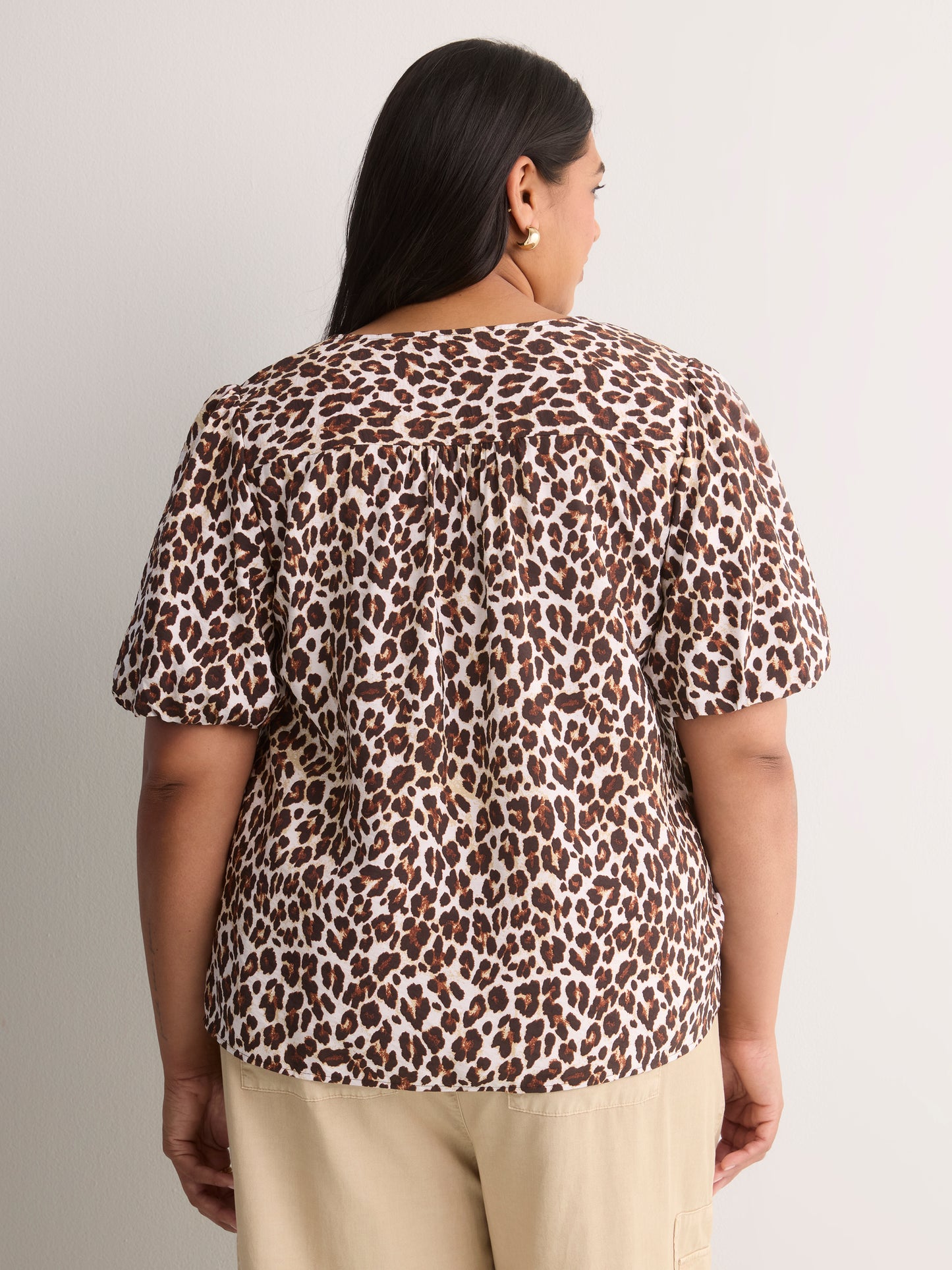 V-Neck Bubble-Sleeve Blouse with Smocked Yoke