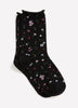 Black Rolled-Edge Crew Socks with Floral Print
