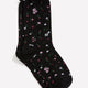 Black Rolled-Edge Crew Socks with Floral Print