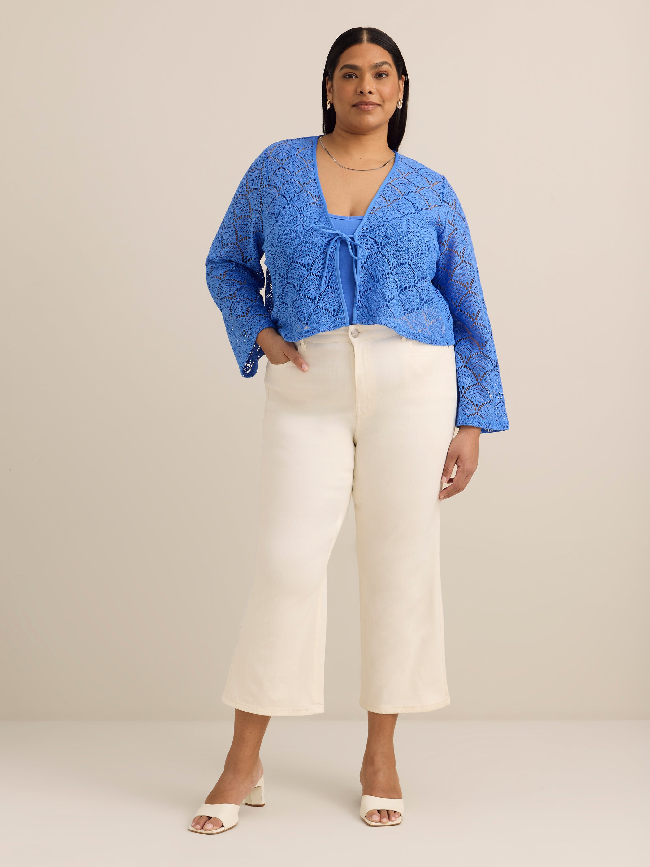 Brand plus size crochet cardigan tie-front bell sleeve women's