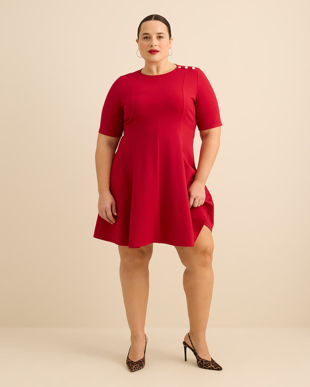 Fit and Flare Elbow-Sleeve Rib Knit Dress