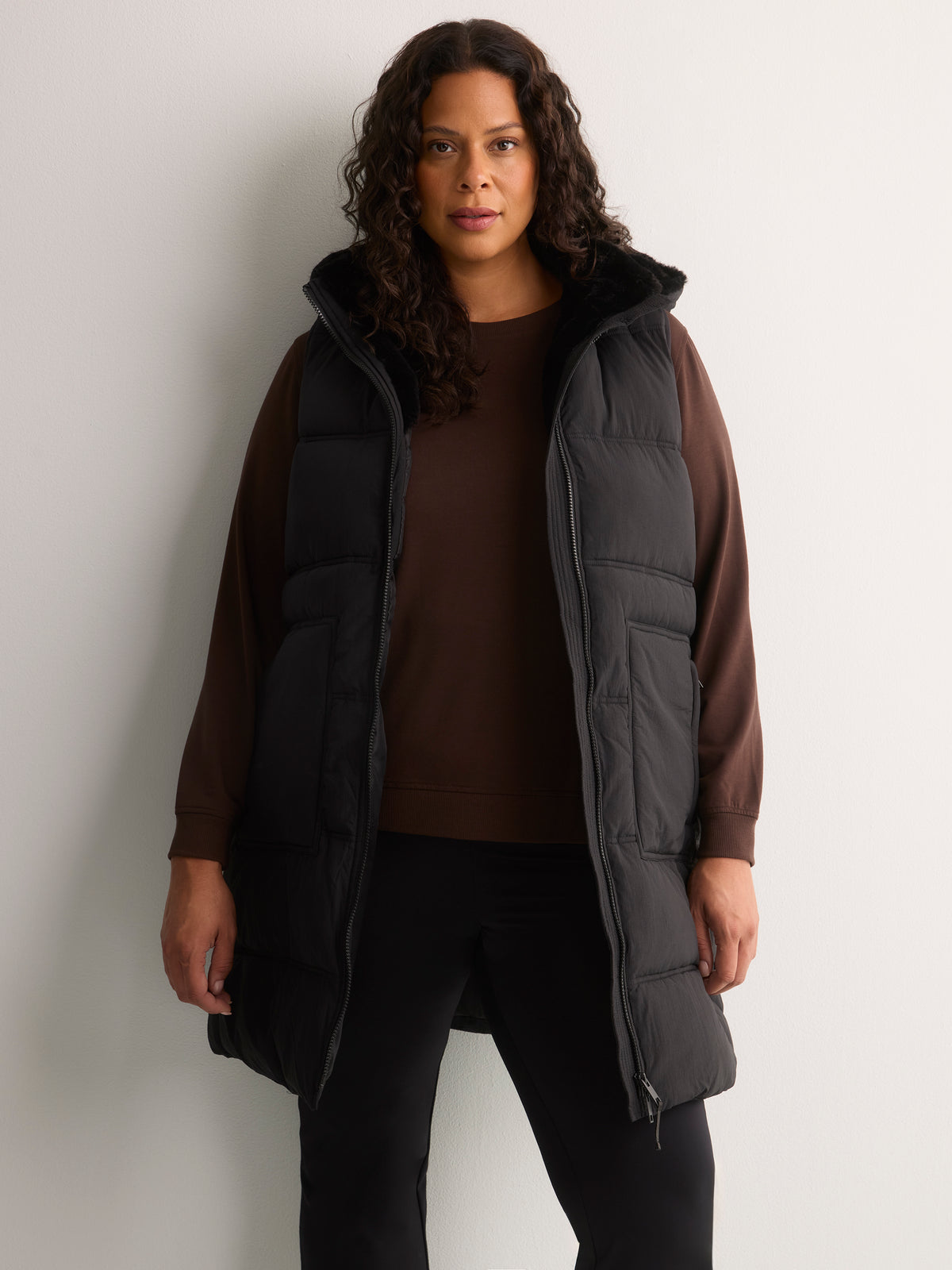 Long Hooded Faux-Fur Lined Vest