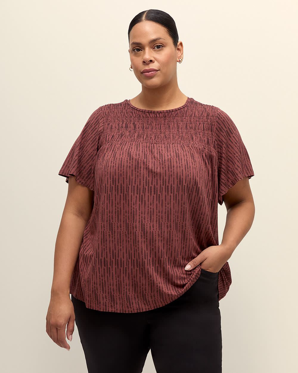 Flutter-Sleeve Knit Top with Smocked Detail
