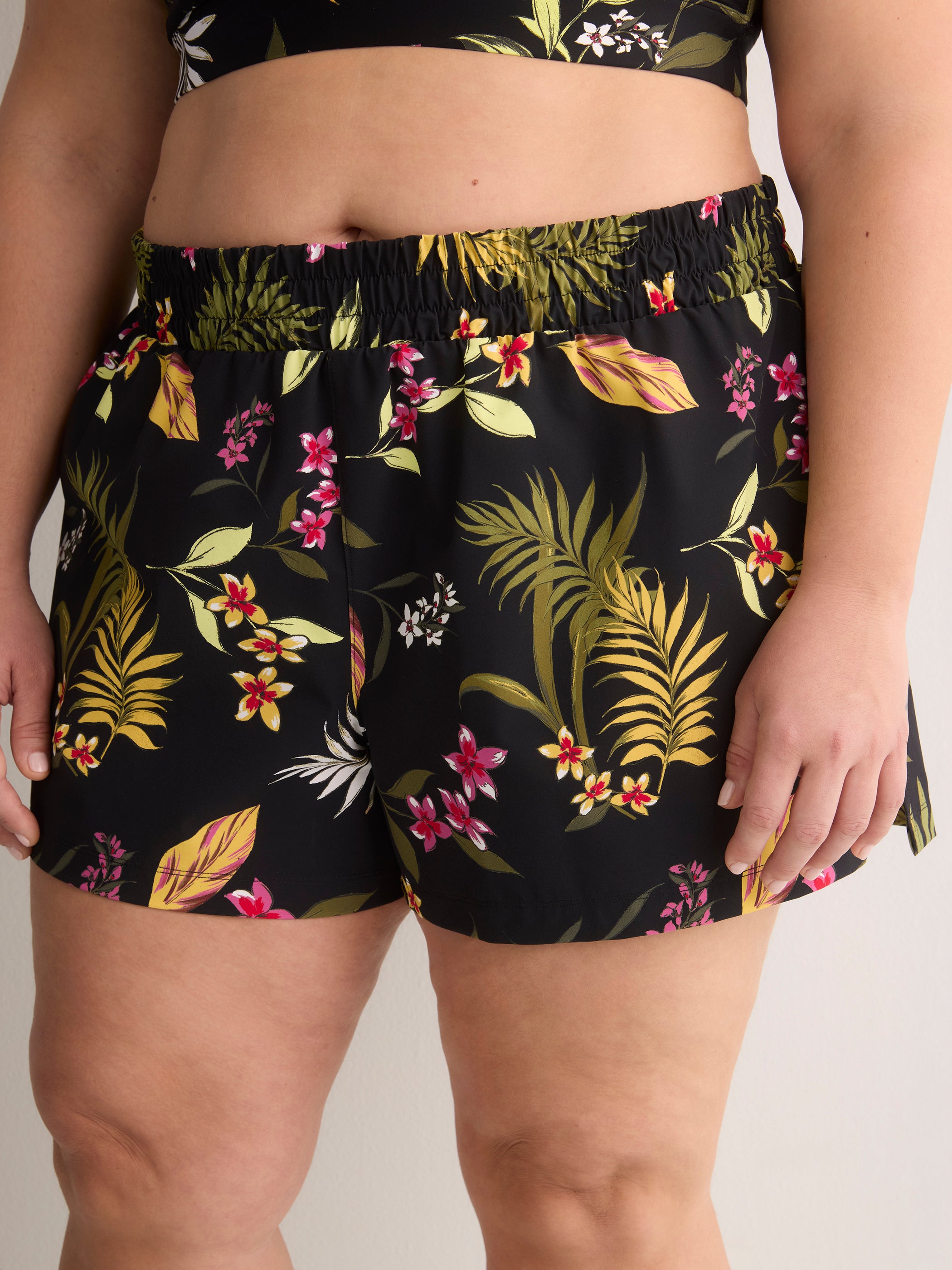 Black Floral Mid-Rise Flared Swim Short