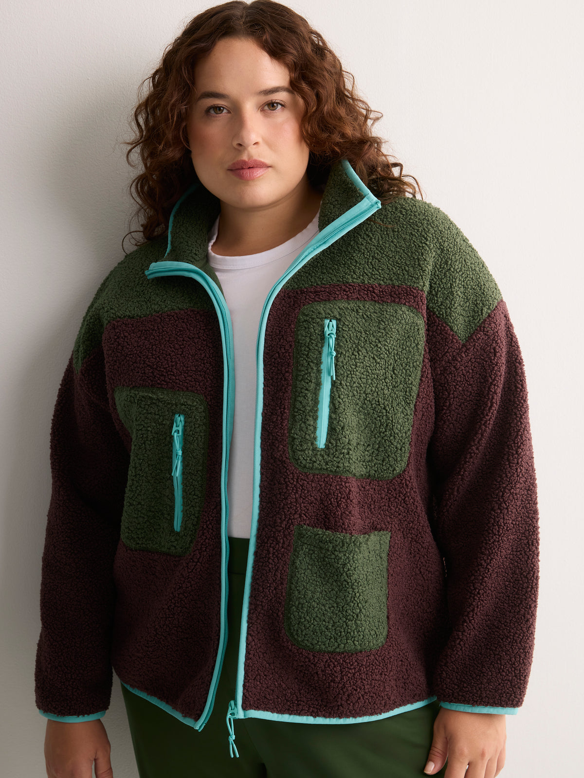 Brown Fashion Mock-Neck Sherpa Jacket - Active Zone