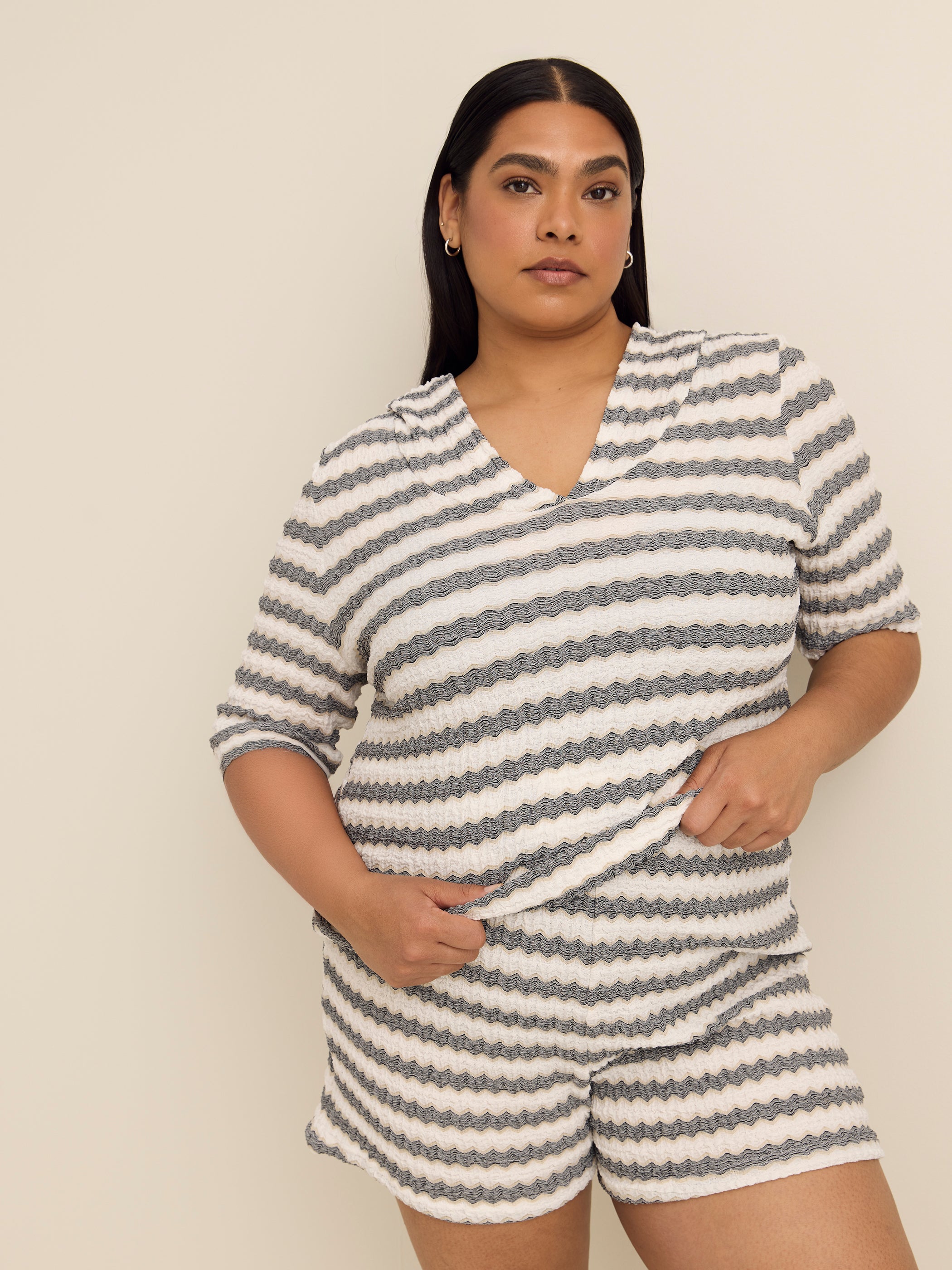 Striped Hooded Short-Sleeve Cover-Up Top - Cover Me