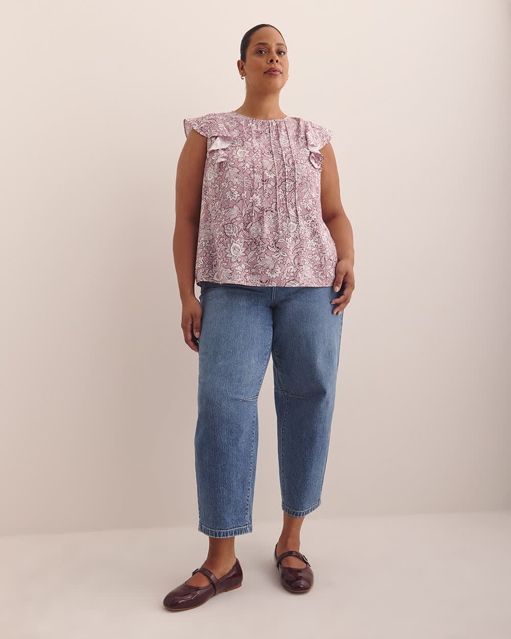 Short Sleeve Ruffle Blouse with Pintucks Detail