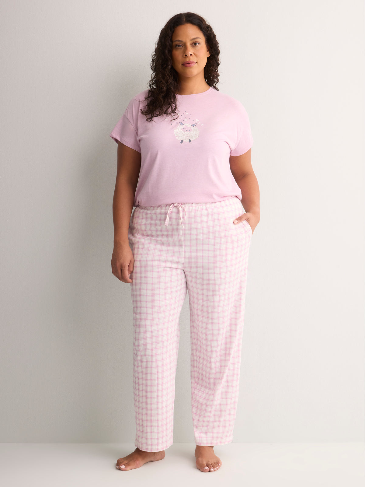 White and Pink Plaid Cotton Knit Wide-Leg Pyjama Pant - tiVOGLIO