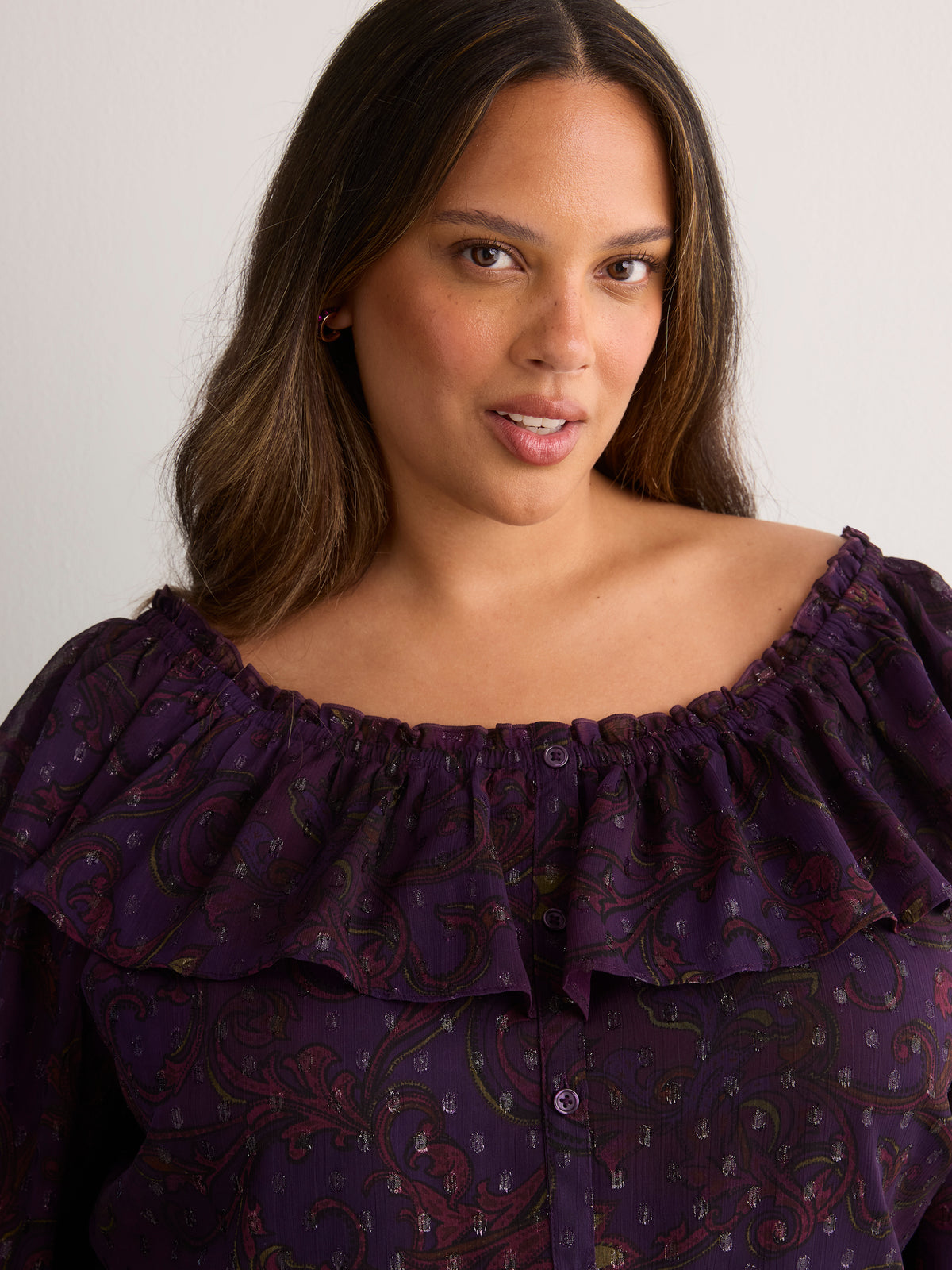 Purple Printed Buttoned-Down Swing Blouse with Open Ruffled Neckline