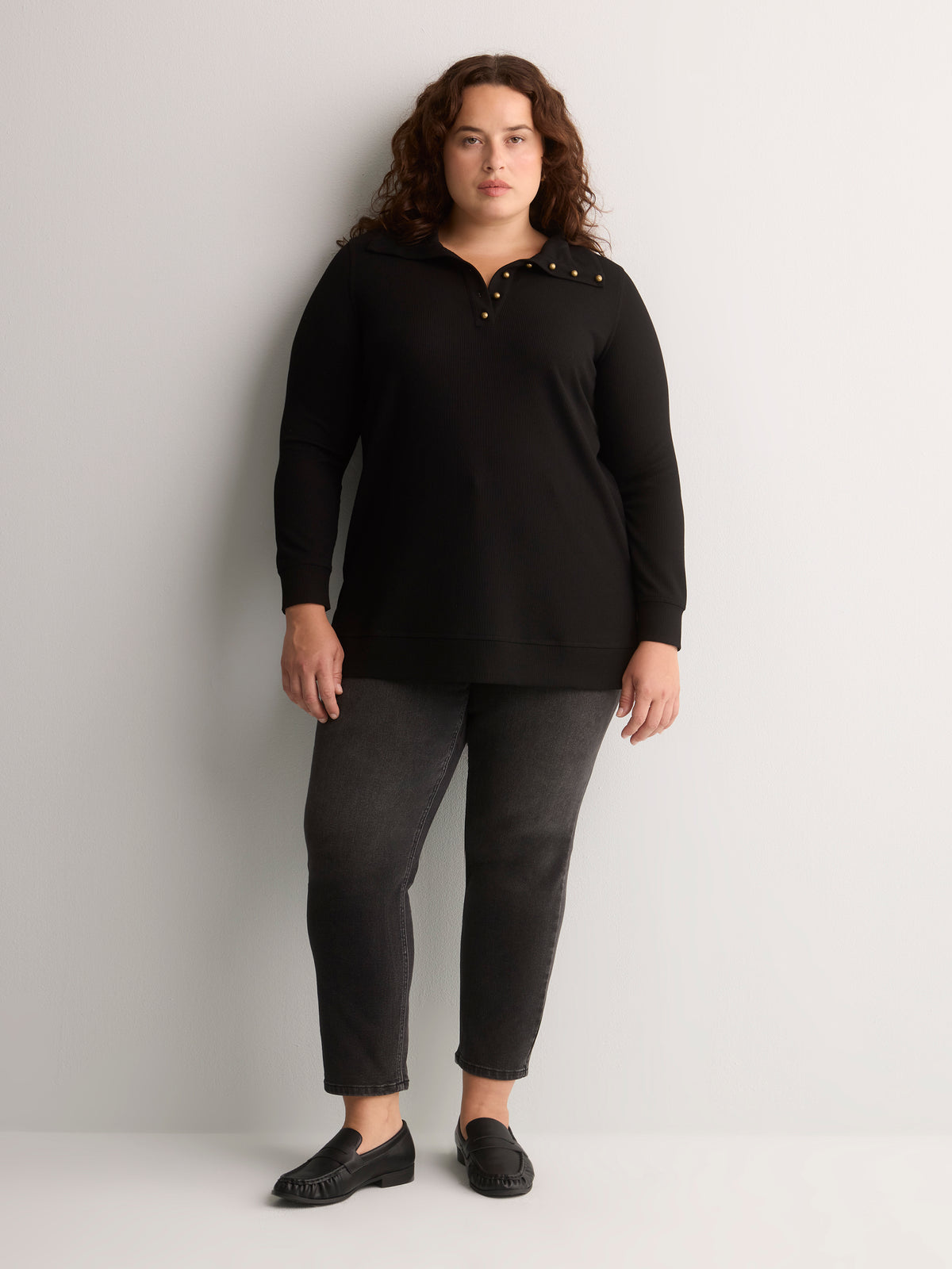 Loose Waffle Knit Tunic with Buttoned Collar