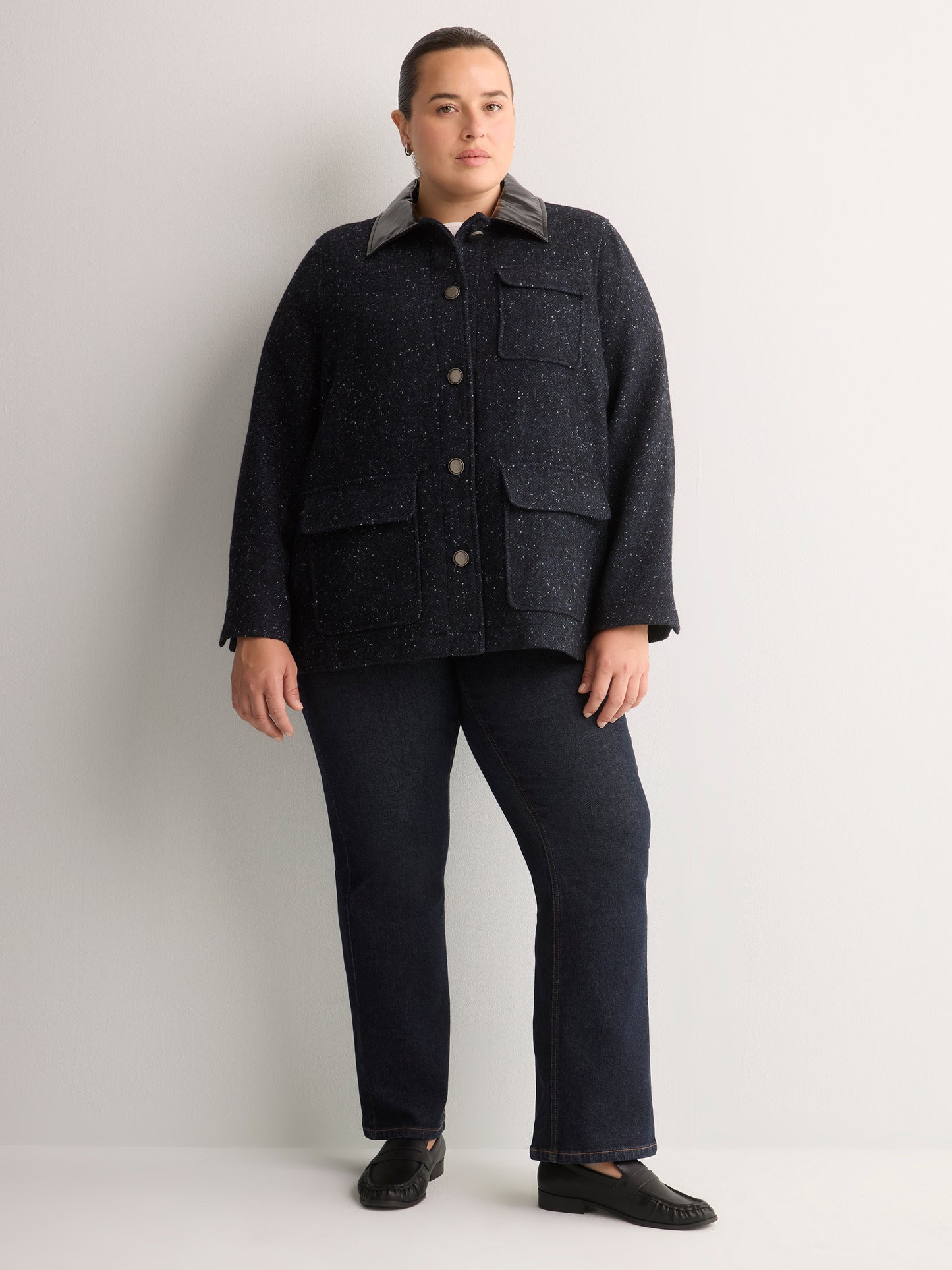 Blue Tweed Barn Jacket with Faux-Leather Collar