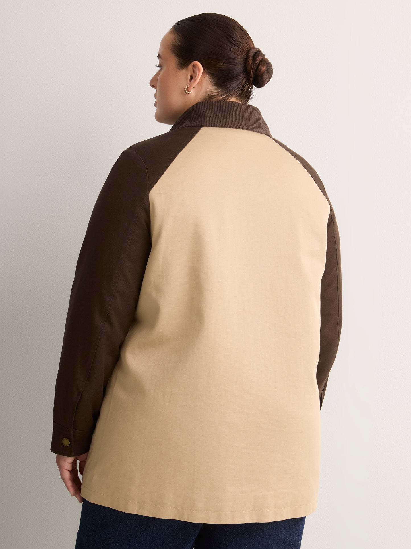 Long Two-Tone Barn Jacket with Corduroy Collar