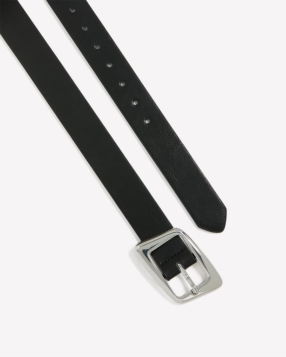 Black Faux-Leather Belt with Uneven Rectangle Buckle