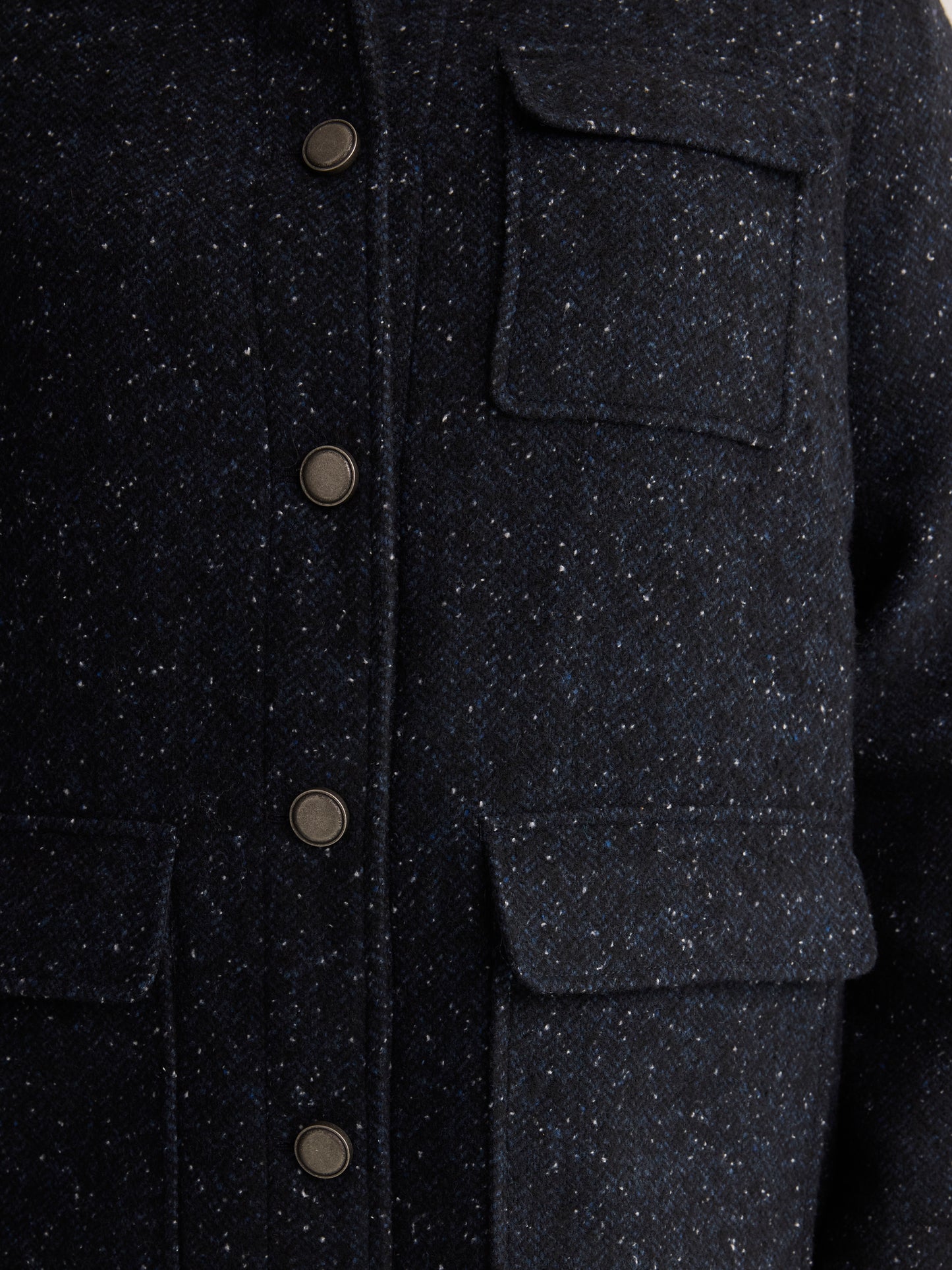 Blue Tweed Barn Jacket with Faux-Leather Collar