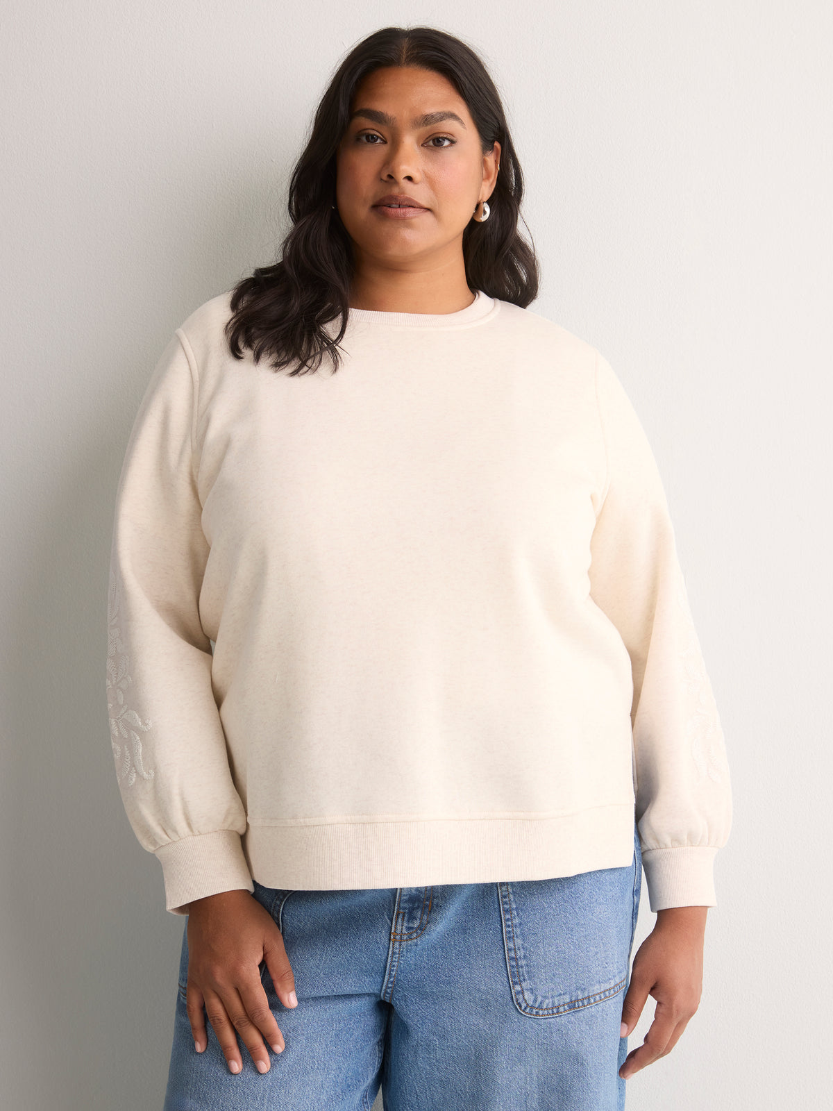 Loose Crew-Neck Fleece Sweatshirt with Long Balloon Sleeves