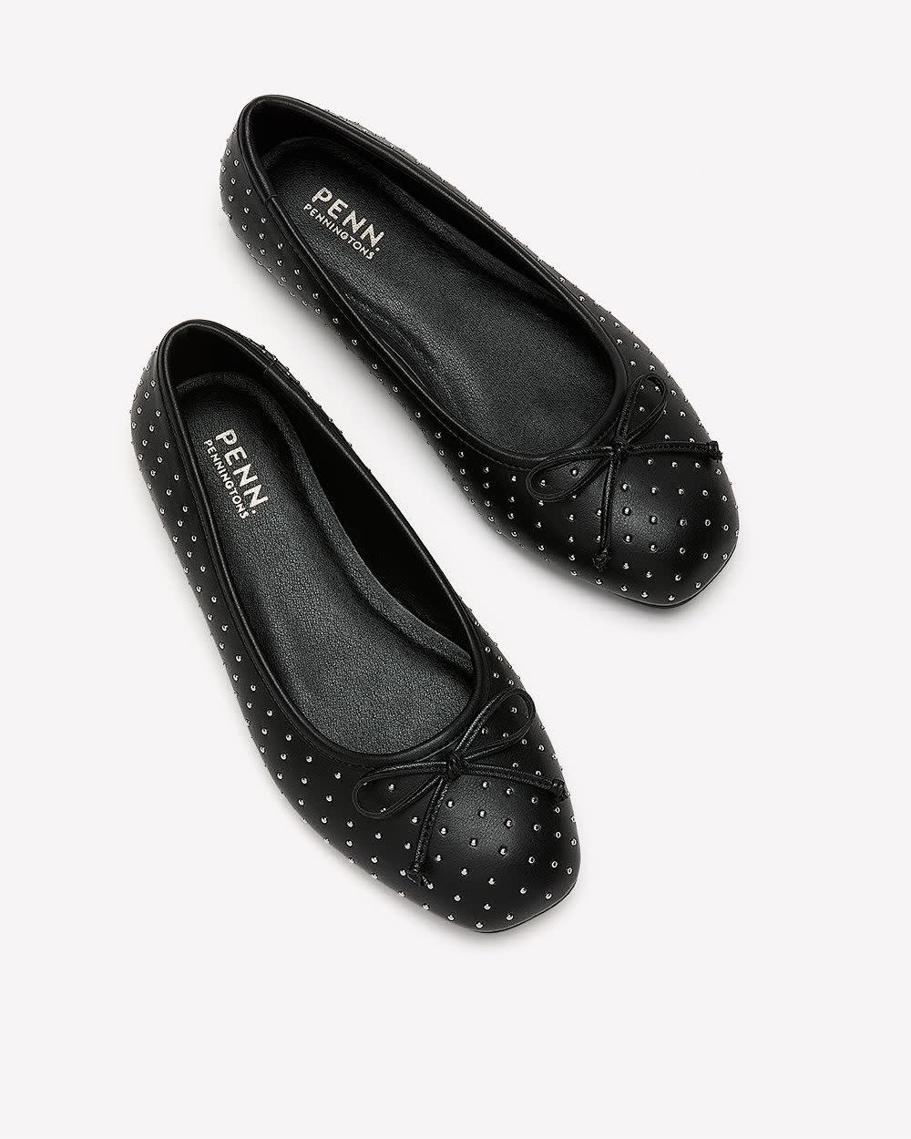 Extra Wide Width, Black Studded Ballerina with Bow