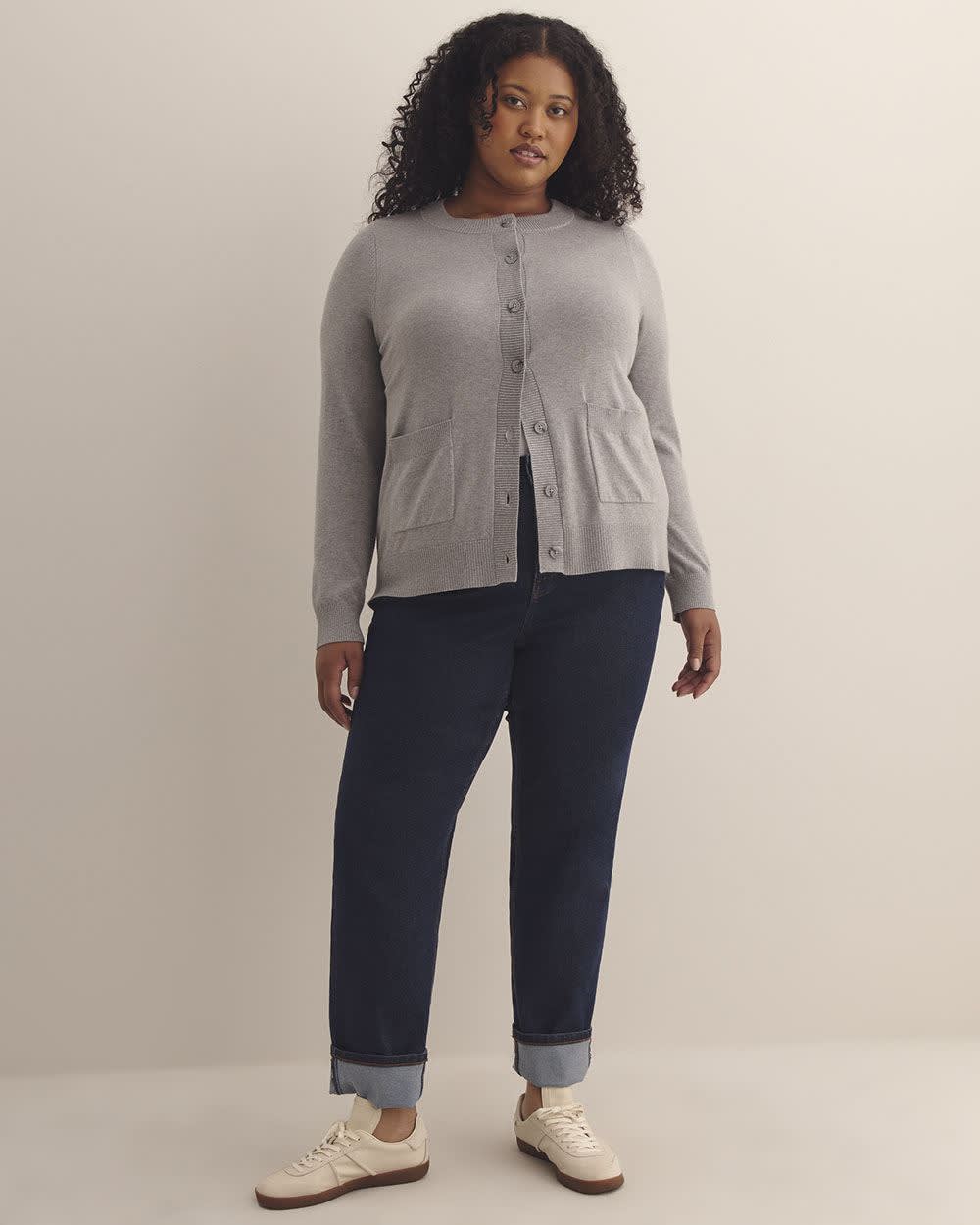 Cardigan boutonné à col rond en mélange de coton, tissu responsable