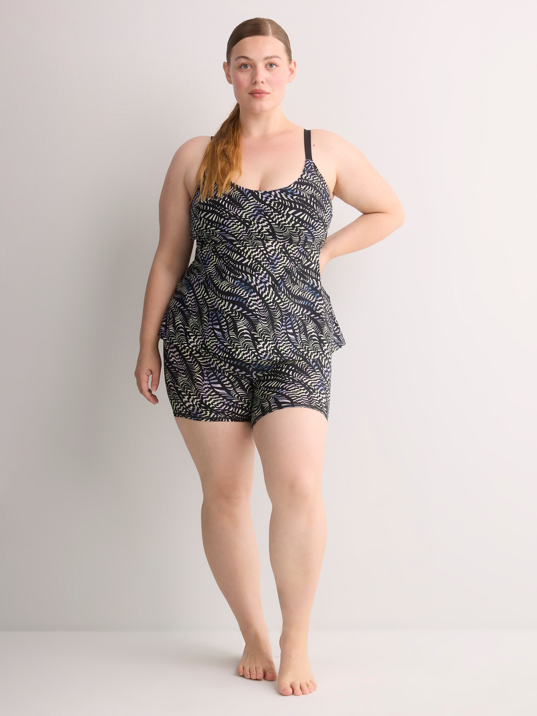 Black Wave-Print A-Line Tankini Top - Active Zone