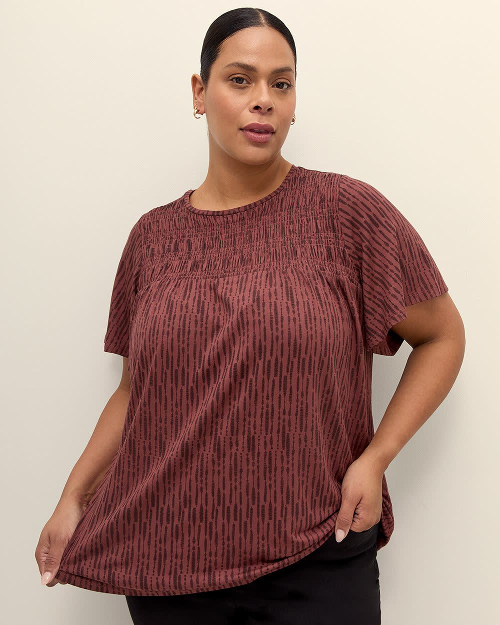 Flutter-Sleeve Knit Top with Smocked Detail