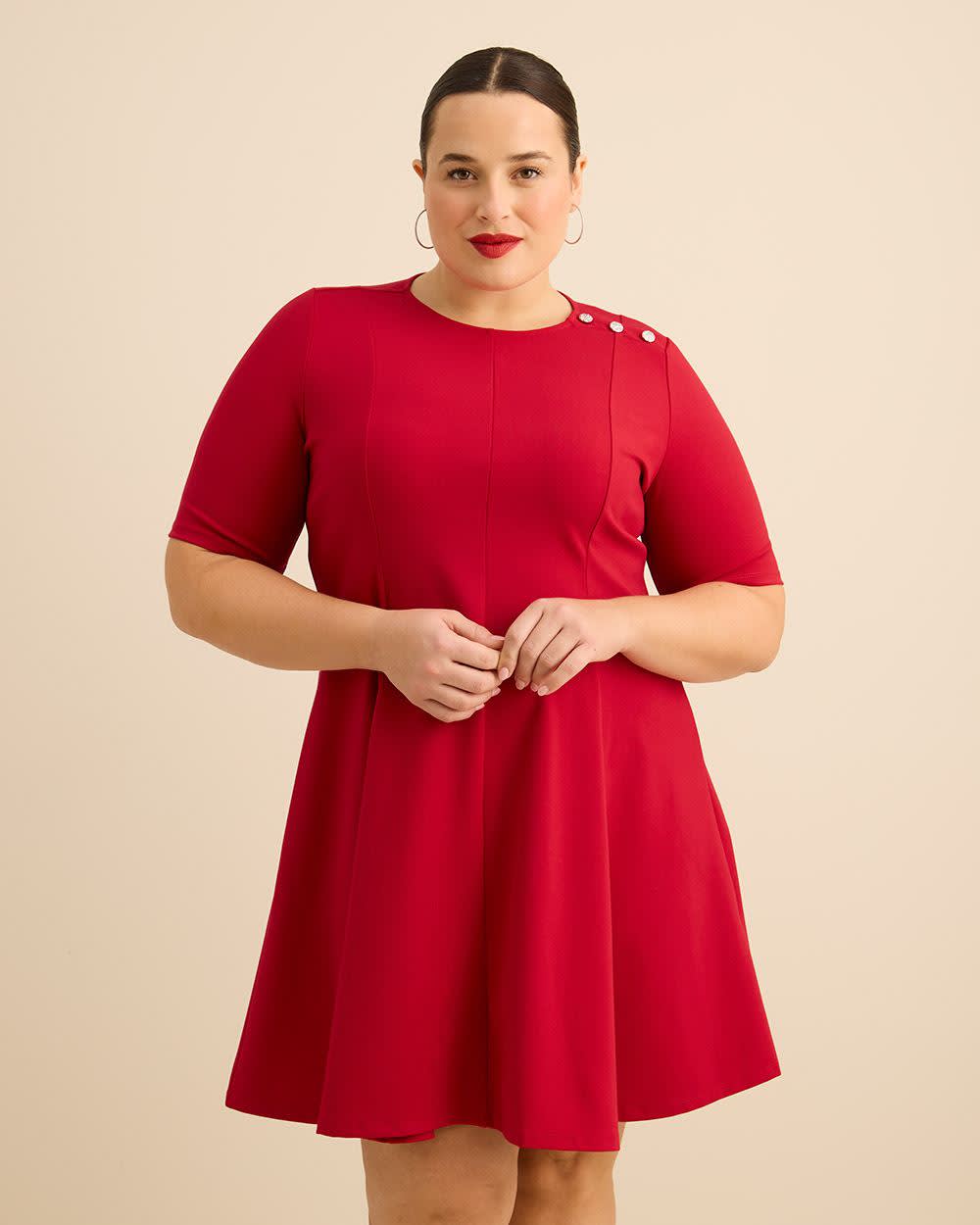 Fit and Flare Elbow-Sleeve Rib Knit Dress