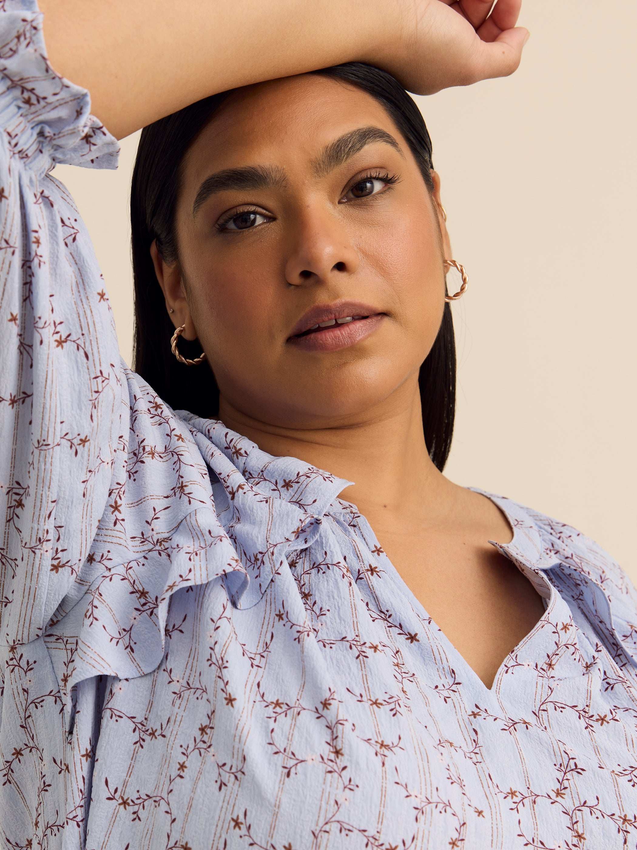 Striped Floral Swing Split-Neck Blouse with Ruffles